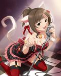  animal_ears artist_request bell breasts brown_hair cat_ears checkered checkered_floor cleavage dress fang garter_straps green_eyes idolmaster idolmaster_cinderella_girls jingle_bell jpeg_artifacts large_breasts maekawa_miku microphone_stand official_art paw_pose ponytail ribbon smile solo star tail 