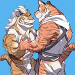  &#12385;&#12421;&#12435; ??? apron back biceps big_muscles body_markings brown_fur bulge butt clothing duo eyes_closed fangs feline fundoshi fur gay gripping hair hand_holding holding japanese_clothing jockstrap kemono kimono male mammal markings muscles necklace open_mouth orange_fur pecs standing stripes tan_fur teeth tiger toned tongue underwear whiskers white_fur white_hair 