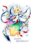  ahoge blazblue bodysuit cape green_bodysuit happy_birthday nu-13 red_eyes silver_hair 