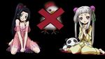  albino artist_request bird black_hair chicken code_geass double_bun green_eyes highres long_hair multiple_girls pajamas panda red_eyes see-through sitting stuffed_animal stuffed_toy sumeragi_kaguya tianzi white_hair 