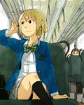  arashiyama_hotori blonde_hair crossed_legs earbuds earphones kon_futaba multiple_girls naotan school_uniform short_hair single_earphone_removed sitting skirt smile socks soredemo_machi_wa_mawatteiru 