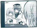  alternate_costume bad_id bad_pixiv_id door greyscale hieda_no_akyuu japanese_clothes jing_hu kimono monochrome multiple_girls onozuka_komachi shiki_eiki tea touhou undressing walk-in yuri 