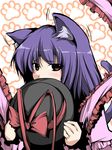  animal_ears blush cat_ears cat_tail ear_wiggle embarrassed fujy hat hat_removed headwear_removed holding holding_hat kemonomimi_mode nagae_iku paw_print purple_hair red_eyes shawl solo tail touhou 