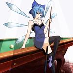  1girl billiards blue_eyes blue_hair bow cirno cue_stick high_heels highres lingerie naughty_face nikka_(cryptomeria) older shoes short_hair solo thighhighs touhou underwear wings 