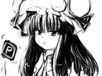  coo crescent greyscale hat long_hair monochrome patchouli_knowledge power-up solo touhou 