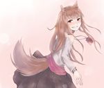  animal_ears blush bracelet female gradient gradient_background holo horo jewelry long_hair open_mouth pixiv_thumbnail resized smile solo spice_and_wolf sumiya sumiya_akihiro tail 