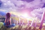  back cloud crossed_legs fence grass ko-saya_(deareska) landscape long_hair nature original pants red_hair rural shirt sitting sky sleeveless sleeveless_shirt solo sun 