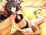  bikini black_eyes black_hair book dutch_angle game_cg hair_ribbon hiiragi_nagisa natsuiro_komachi non-web_source ribbon sand sandals short_hair solo swimsuit yuuki_makoto_(radiant) 