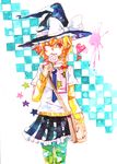  bag blonde_hair braid candy checkered checkered_background fashion food frilled_skirt frills hat hat_ribbon heart highres kirisame_marisa lollipop long_hair long_sleeves necktie one_eye_closed pants pleated_skirt ribbon scarf shiratsuyu shirt short_over_long_sleeves short_sleeves single_braid skirt solo star t-shirt touhou traditional_media watercolor_(medium) witch_hat yellow_eyes 