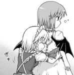  bat_wings blush closed_eyes frills greyscale hug hug_from_behind izayoi_sakuya lowres maid_headdress monochrome multiple_girls remilia_scarlet scared simple_background sleepy touhou tsuyadashi_shuuji white_background wings 