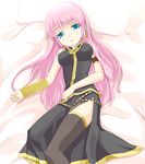  bed bed_sheet blue_eyes kuro_(be_ok) long_hair lying megurine_luka pink_hair solo thighhighs vocaloid 