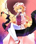  blonde_hair breasts closed_fan dress elbow_gloves fan folding_fan gap garters gisyo gloves hat long_hair medium_breasts parasol ribbon sitting solo thighhighs touhou umbrella white_gloves white_legwear yakumo_yukari 