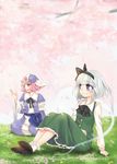  arm_support bad_id bad_pixiv_id bangs blue_eyes blunt_bangs bob_cut bobby_socks cherry_blossoms grass hairband hat konpaku_youmu konpaku_youmu_(ghost) midori_(green_tea) multiple_girls petals pink_eyes pink_hair saigyouji_yuyuko short_hair silver_hair sitting smile socks touhou white_hair 