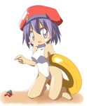  bad_id bad_pixiv_id beret blush_stickers casual_one-piece_swimsuit halterneck hat hermit_crab innertube ispin_charles kingetsu_mikoto kneeling one-piece_swimsuit purple_eyes purple_hair short_hair swimsuit tales_weaver turtleneck 