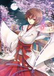  awh brown_eyes brown_hair cherry_blossoms fan full_moon japanese_clothes meiko miko moon night petals short_hair solo vocaloid 