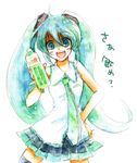 aqua_hair bad_id bad_pixiv_id bracelet food fuyu_(pixiv44308) hand_on_hip hatsune_miku jewelry juice long_hair necktie poppippoo_(vocaloid) skirt solo traditional_media translated twintails vegetable vocaloid watercolor_(medium) yandere 