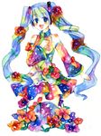  blue_eyes blue_hair colorful detached_sleeves flower hatsune_miku highres legomaru long_hair necktie skirt solo thighhighs traditional_media twintails very_long_hair vocaloid watercolor_(medium) zettai_ryouiki 