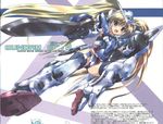  blonde_hair green_eyes gundam gundam_00 gundam_exia komatsu_eiji long_hair mecha mecha_musume scan scan_artifacts shield solo sword thighhighs twintails weapon 