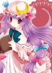  book bow capelet crescent fingernails frills hair_bow hat long_hair nail_polish patchouli_knowledge purple_eyes purple_hair ribbon sai_ren solo touhou white_nails wide_sleeves 