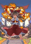  bandages brown_eyes brown_hair commentary crossed_arms detached_sleeves explosion gunbuster_pose hakurei_reimu highres kitano_yuusuke solo torii touhou 