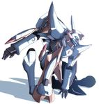  armor code_geass glowing glowing_eyes hayakawa_harui lancelot_(code_geass) leaning_forward mecha no_humans one_knee shield simple_background solo white_background 