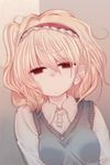  alice_margatroid bad_id bad_pixiv_id blonde_hair cream_(nipakupa) freckles hair_in_mouth hairband leaning messy_hair short_hair sleepy solo sweater_vest touhou 