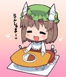  :d =_= animal_ears bad_id bad_pixiv_id bib blush cat_ears cat_tail chen chibi closed_eyes curry earrings food hat heart jewelry lowres multiple_tails open_mouth smile solo table tail tonbi touhou translated 