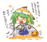  1girl animal_hat blush cirno cirno_(cosplay) cosplay daiyousei fairy_wings flying_sweatdrops green_hair hair_ribbon halloween hat ice ice_wings jack-o'-lantern open_mouth pumpkin ribbon side_ponytail solo sweat tantrum tears tiger_hat touhou translated viva!! wings wrench 