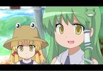  :/ ane anime_coloring bad_id bad_pixiv_id blonde_hair green_hair hair_ornament hat kochiya_sanae letterboxed moriya_suwako multiple_girls touhou yellow_eyes 