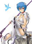  ayanami_rei bad_id bad_pixiv_id bandages bird blue_hair bodysuit breasts cable cleavage highres kyouka lance lance_of_longinus large_breasts leg_up neon_genesis_evangelion plugsuit polearm red_eyes short_hair simple_background sitting solo spear super_plugsuit tail thighhighs weapon 