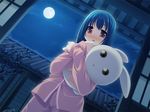  blue_hair blush full_moon moon night original pajamas purapa red_eyes solo stuffed_animal stuffed_bunny stuffed_toy 