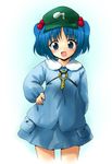  bad_id bad_pixiv_id blue_eyes blue_hair hair_bobbles hair_ornament hand_on_hip hat kawashiro_nitori marugoshi_(54burger) open_mouth smile solo touhou two_side_up 