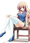  blonde_hair blue_eyes chair china_dress chinese_clothes crossed_legs dress earrings jewelry long_hair macross macross_frontier mycstea sheryl_nome sitting solo thighhighs 