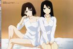  absurdres bangs bare_shoulders barefoot bed_sheet black_hair blue_eyes blush bottomless breasts brown_hair buttons chin_rest cleavage clenched_hands crease dress_shirt duplicate embarrassed feet frown gradient gradient_background grey_eyes hands_on_thighs highres indoors kara_no_kyoukai kikuchi_shun'ya kokutou_azaka large_breasts legs looking_at_viewer looking_away megami multiple_girls no_bra non-web_source off_shoulder official_art orange_background parted_bangs ryougi_shiki scan scan_artifacts seiza shirt short_hair sitting thigh_gap white_shirt 