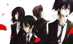  allelujah_haptism bad_id bad_pixiv_id black_hair brown_hair formal gundam gundam_00 heterochromia lockon_stratos multiple_boys necktie red_eyes setsuna_f_seiei tieria_erde whiteendroll 