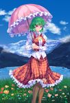  ascot bad_id bad_pixiv_id cloud day flower grass green_hair highres impossible_clothes impossible_shirt impossible_vest kazami_yuuka lake landscape light_smile meadow mountain pantyhose parasol pico_(picollector79) plaid plaid_skirt plaid_vest red_eyes sheer_legwear shirt short_hair skirt skirt_set sky solo touhou umbrella vest 