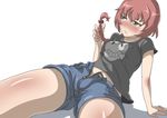  arm_support blush bow braid breasts covered_nipples darker_than_black green_eyes hair_bow hair_tousle legs long_hair open_fly red_hair shirt shorts simple_background single_braid sitting small_breasts solo suou_pavlichenko t-shirt tashiromotoi thighs unzipped 