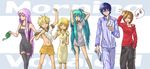  4girls adjusting_hair alcohol armpits arms_up blonde_hair blue_eyes breasts brown_eyes brown_hair brushing_teeth closed_eyes green_eyes green_hair hadairo_rainbow hangover hatsune_miku headache highres kagamine_len kagamine_rin kaito letter lingerie long_hair mail medium_breasts megurine_luka meiko morning multiple_boys multiple_girls newspaper nightgown one_eye_closed pajamas pants pink_hair shirt shirt_slip shorts small_breasts smile sweatpants sweatshirt thighhighs toothbrush underwear very_long_hair vocaloid watering_can zettai_ryouiki 