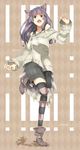  bad_id bad_pixiv_id bare_shoulders boots copyright_request highres long_hair long_sleeves purple_hair running satomo shorts smile solo sweater tail thighhighs yellow_eyes 
