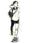  :3 arms_behind_back bag freckles glasses low_twintails messenger_bag monochrome one_eye_closed original shoes shorts shoulder_bag sneakers solo sugimoto_gang twintails 