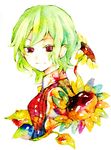  colored_eyelashes flower green_hair highres kazami_yuuka legomaru plaid plaid_vest red_eyes short_hair smile solo sunflower touhou traditional_media upper_body vest watercolor_(medium) white_background 