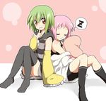  bad_id bad_pixiv_id blush detached_sleeves finger_to_mouth green_hair kl-chan maruki_(punchiki) mono_(character) multiple_girls original pink_hair short_hair shushing sleeping socks thighhighs 