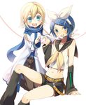  1girl androgynous aqua_eyes bad_id bad_pixiv_id blonde_hair blue_eyes blue_hair blue_nails blue_scarf blush cosplay costume_switch crossdressing hair_ornament hair_ribbon hairclip headphones headset heart heart_hands heart_hands_duo jikunyaga kagamine_rin kagamine_rin_(cosplay) kaito kaito_(cosplay) nail_polish navel otoko_no_ko reverse_trap ribbon scarf short_hair smile sweatdrop v vocaloid yellow_nails 