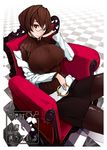  aco_(koaya_ako) belt breasts brown_eyes brown_hair chair chin_rest glasses huge_breasts original short_hair skirt solo sweater 