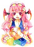  book flower glasses head_wings highres koakuma legomaru long_hair red_eyes red_hair solo touhou traditional_media watercolor_(medium) wings 