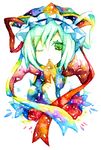  asymmetrical_clothes colorful green_eyes green_hair hat highres legomaru ribbon rod_of_remorse shiki_eiki short_hair solo touhou traditional_media watercolor_(medium) 