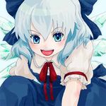  :d blue_dress blue_eyes blush cirno dress ice ice_wings katari looking_back lowres open_mouth puffy_short_sleeves puffy_sleeves red_ribbon ribbon round_teeth short_sleeves silver_hair smile solo teeth touhou upper_body wings 