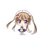  apron blush_stickers brown_hair chibi elf gia_kon looking_at_viewer maid maid_apron maid_headdress myucel_foalan open_mouth outbreak_company pointy_ears purple_eyes ribbon skirt_hold solo twintails 