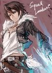  1boy absurdres blue_eyes brown_hair character_name final_fantasy final_fantasy_viii fur_trim gloves glowing highres jacket jewelry male male_focus nanahara_fuyuki necklace rough solo squall_leonhart 