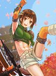  403_(artist) :d arm_above_head armor armpits autumn_leaves brown_eyes brown_hair commentary crop_top day final_fantasy final_fantasy_vii fingerless_gloves fishnets from_below gloves headband kicking leaf leg_up leg_warmers maple_leaf midriff navel open_fly open_mouth pagoda ribbed_sweater short_hair shorts shuriken sky sleeveless sleeveless_turtleneck smile solo sweater tree turtleneck unzipped yuffie_kisaragi 